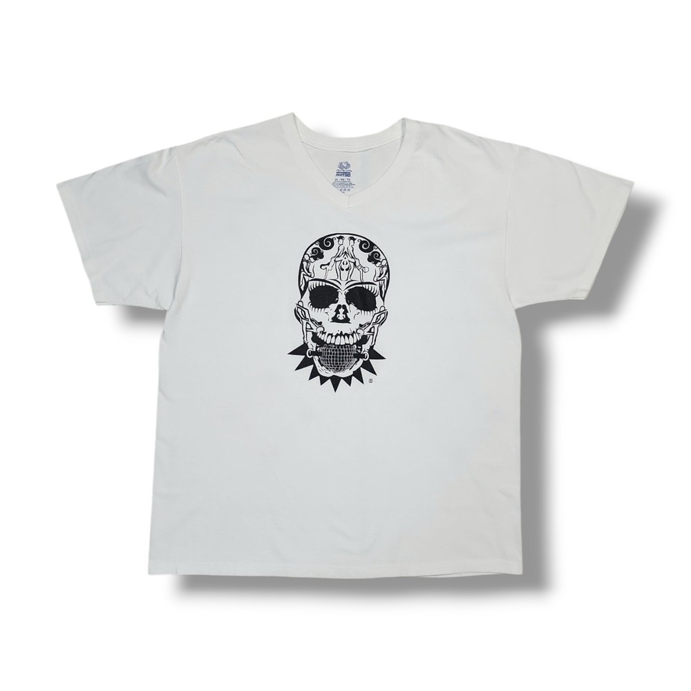 Fruit Of The‎ Loom Explicit Skull Graphic Print V-Neck White T-Shirt Men's XL